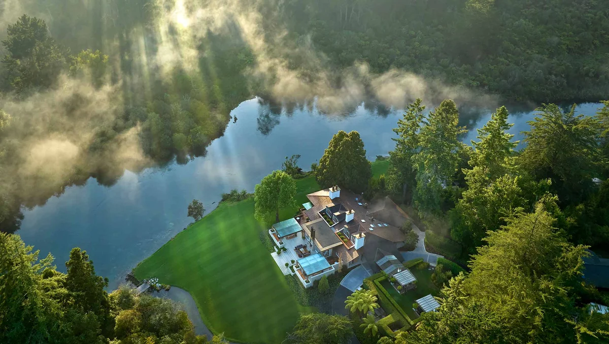 Huka Lodge aerial on the Waikato River, Lake Taupo New Zealand