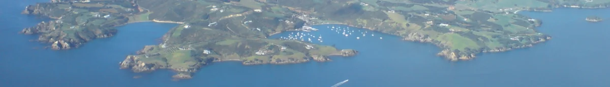 Aerial view of Waiheke Island from the west, New Zealand — The Boatshed