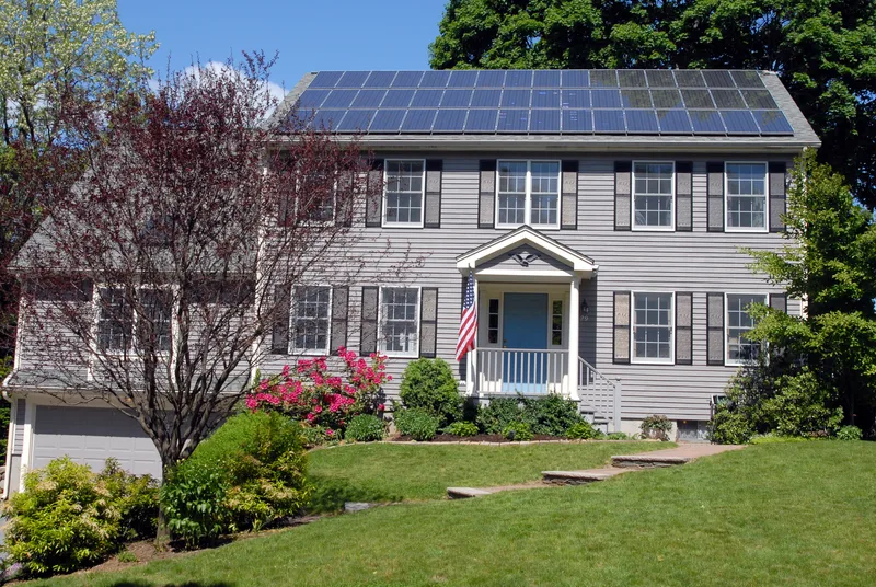 Solar photovoltaic panels on a residential roof