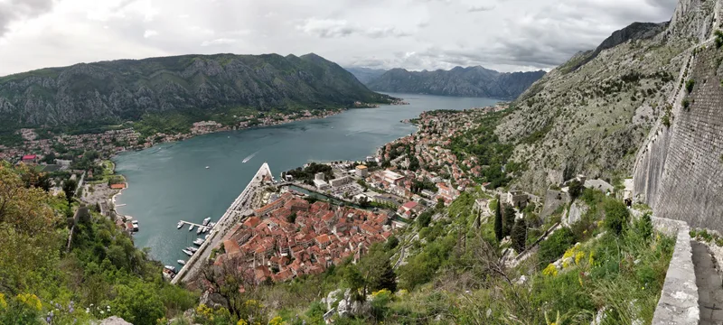 Bay of Kotor and Kotor Old Town viewed from the city walls, Montenegro
